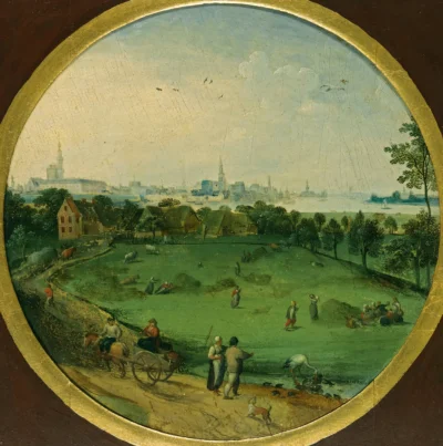 abel grimmer a summer landscape with peasants harvesting with a view of antwerp beyond