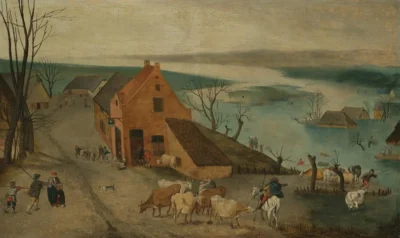 abel grimmer landscape with a flood and peasants rescuing g cattle – an allegory of autumn