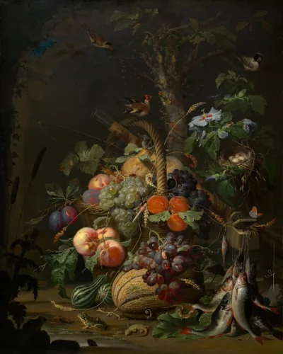 abraham mignon still life with fruit, fish, and a nest, c1675