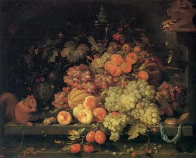 abraham mignon fruit still life with squirrel and goldfinch