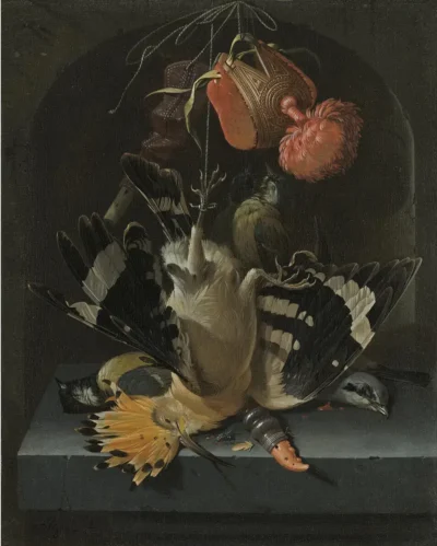 abraham mignon still life with a hoopoe, a great tit, a falconry hood and a decoy whistle all arranged within a stone niche