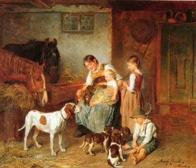 adolf eberle happy family in a barn interior