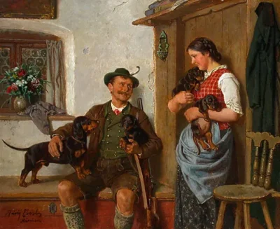 adolf eberle the dachshund family with a hunter and a maid