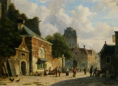 adrianus eversen a busy street in a dutch town