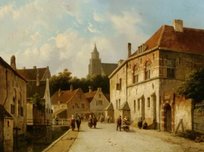 adrianus eversen figures along a canal in a dutch town