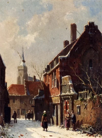 adrianus eversen figures in the streets of a dutch town in winter