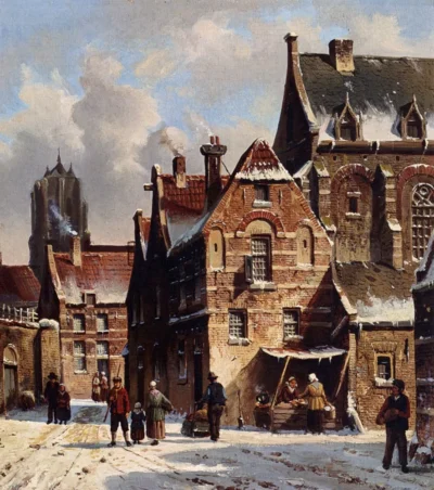 adrianus eversen figures in the streets of a wintry town