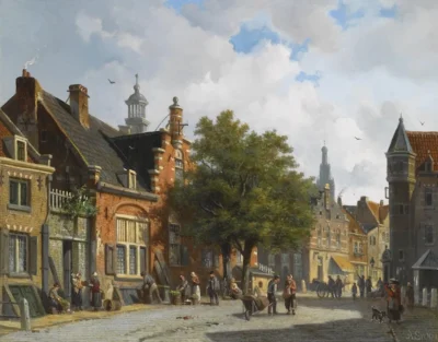 adrianus eversen figures in the sunlit streets of a dutch town