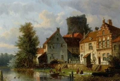 adrianus eversen many figures in a waterfront town
