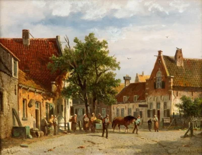 adrianus eversen vegetable vendors and other figures on a square in amersfoort