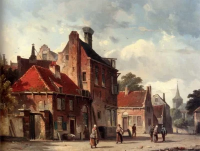 adrianus eversen view of a town with figures in a sunlit street
