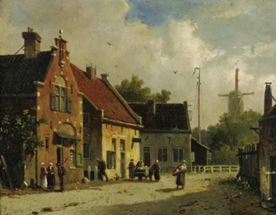 adrianus eversen village street, windmill in distance