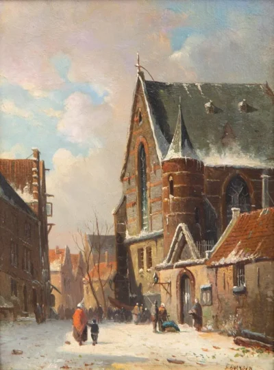adrianus eversen villagers in a snow covered street near the church