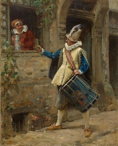 adrien moreau a drummer receives a glass of water from a lady at a window