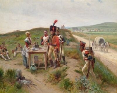 adrien moreau a second lieutenant of the hussards with the typical kalpak and grenadiers of a ligne regiment at the stall of a sutler