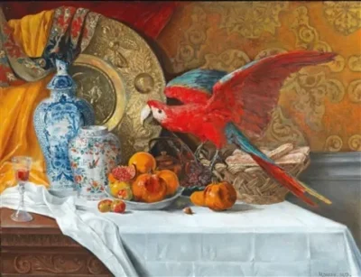 Adrien Moreau_Large Still Life with Parrot