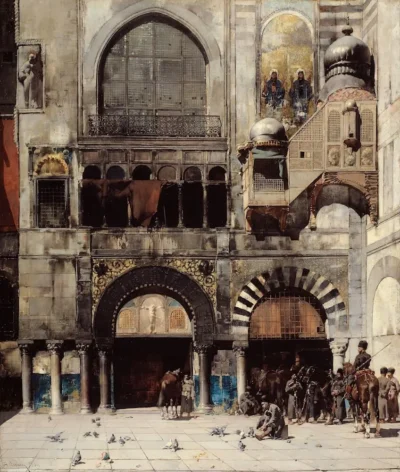 alberto pasini circassian cavalry awaiting their commanding officer at the door of a byzantine monument; memory of the orient